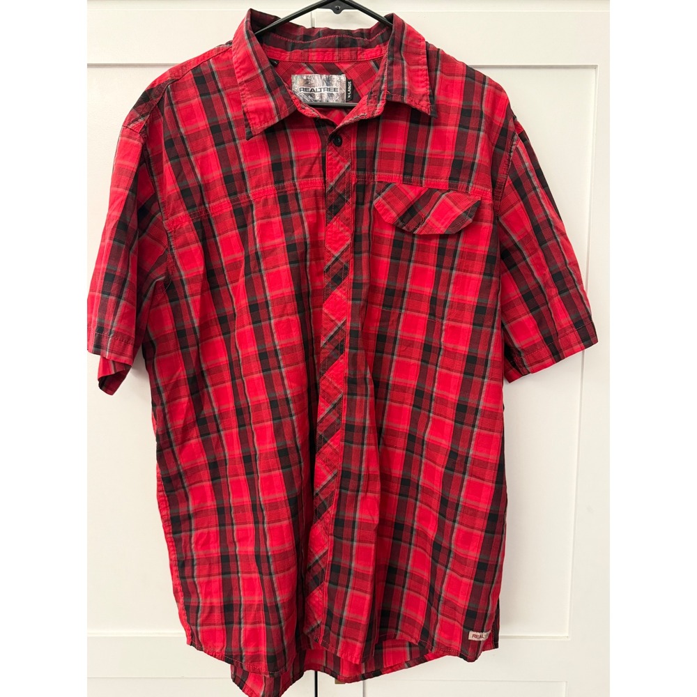 Realtree Mens XL Red Black Plaid Short Sleeve Button Up Shirt Outdoor Casual